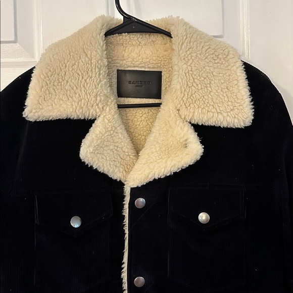 Man’s Sandro Black Corduroy Cream Faux Shearling Snap Up Jacket Size Large - Picture 3 of 8
